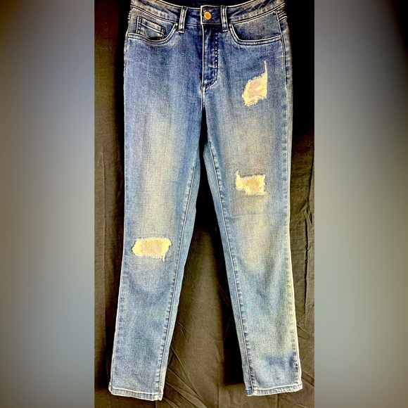 Joseph Ribkoff Blue Distressed Rhinestone Inset Straight Leg Jeans | Size 4 - Picture 1 of 8